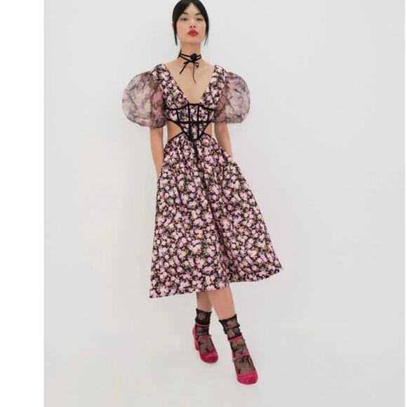 For Love & Lemons Women's Floral Print Maddison Midi Dress Pink Size Small NWT
